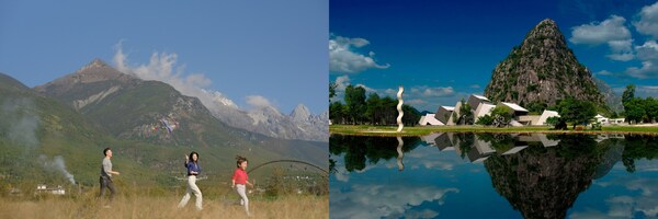 丽江度假村-宾客一家在雪山脚下欣赏春景；桂林度假村-具有浓厚现代艺术氛围的雕塑作品